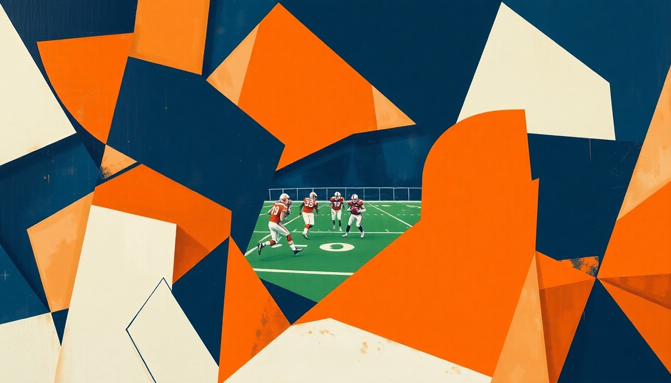 A cubist, geometric painting depicting overlapping planes of burnt orange, navy blue, and white, representing the reunion of two Texas football coaches on the field.
