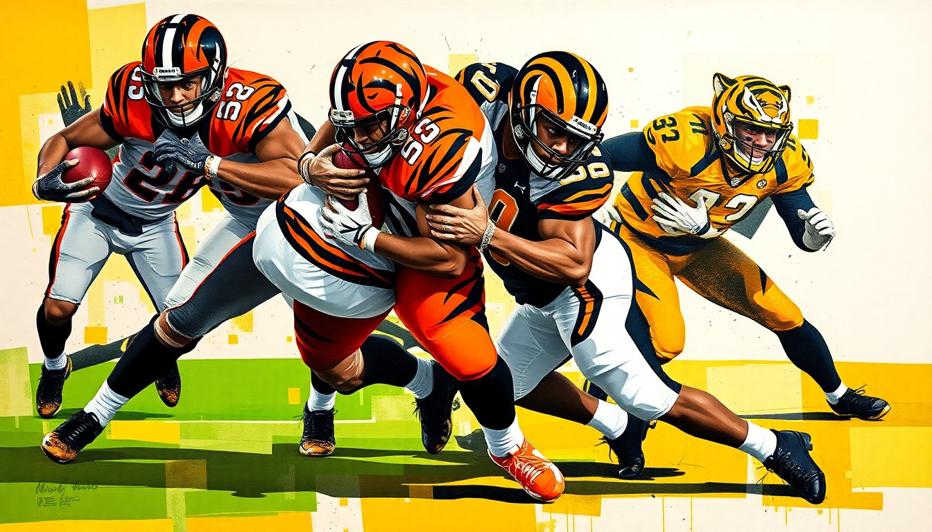 A fractured, geometric painting depicting a linebacker making a tackle, with sharp, overlapping planes in the team colors of the Cincinnati Bengals and Missouri Tigers.