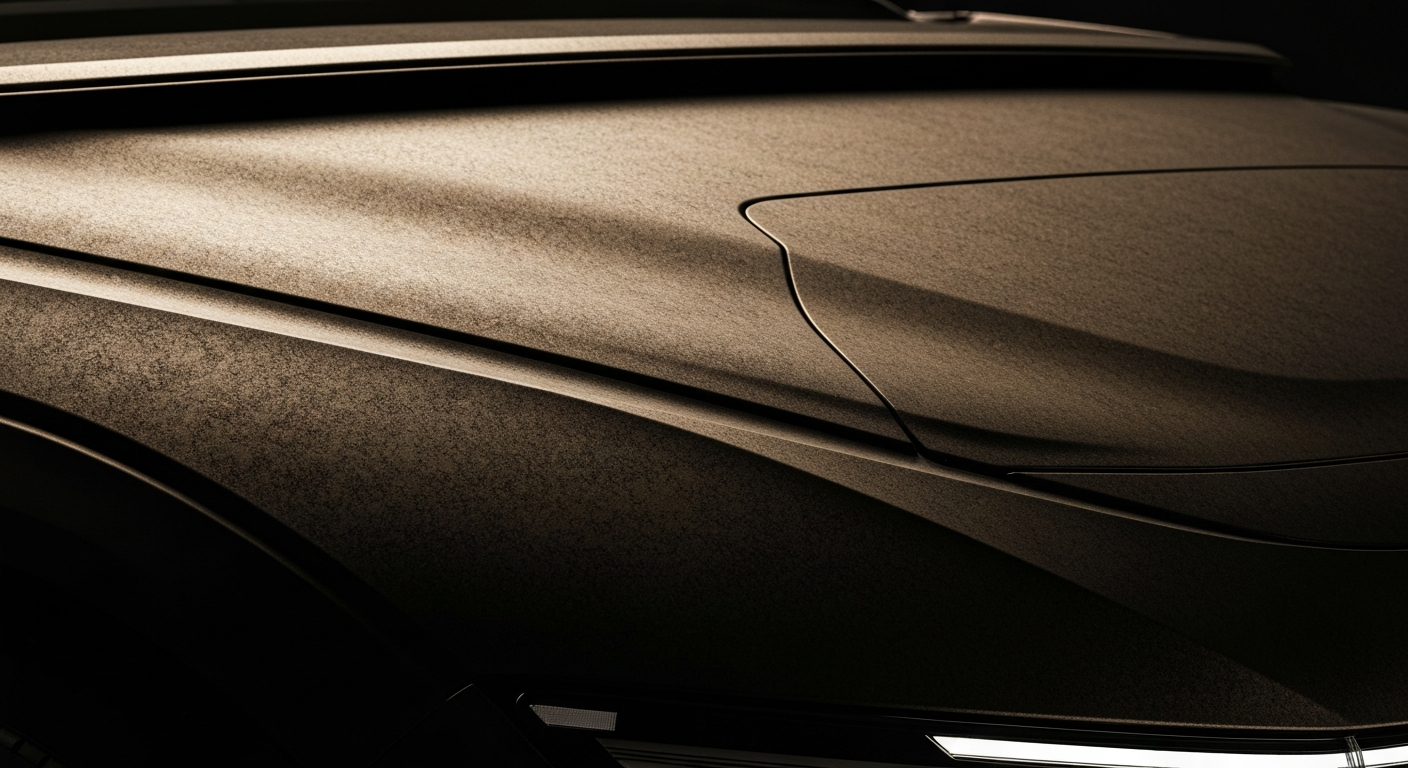 An extreme close-up photograph in the style of Imogen Cunningham, showing the pebbled leather, woven mesh, and other textured surfaces of a Volkswagen ID.4 electric crossover, captured in dramatic lighting and muted, earthy colors.
