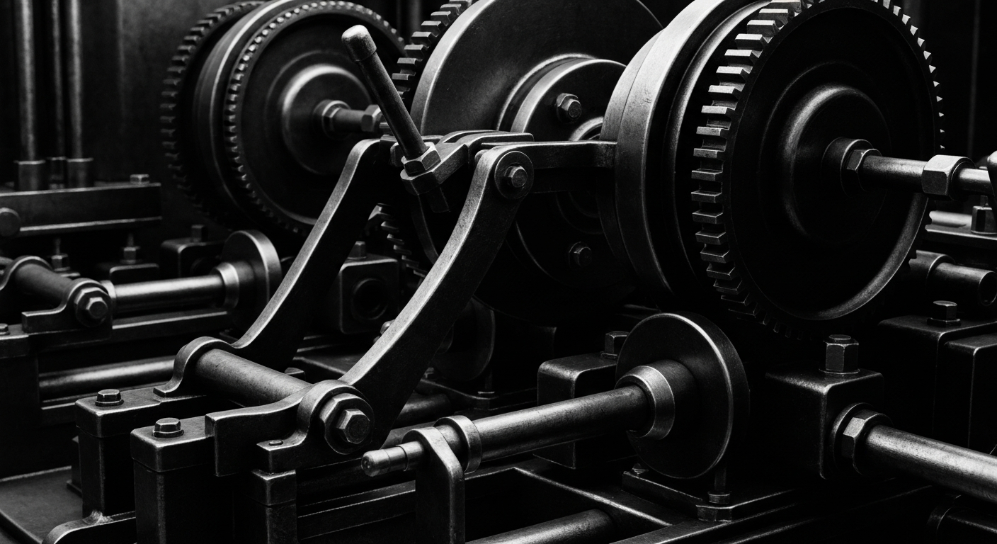 A close-up, high-contrast image of heavy, industrial banking equipment and mechanisms, conveying the complex infrastructure that supports mortgage lending in Texas.