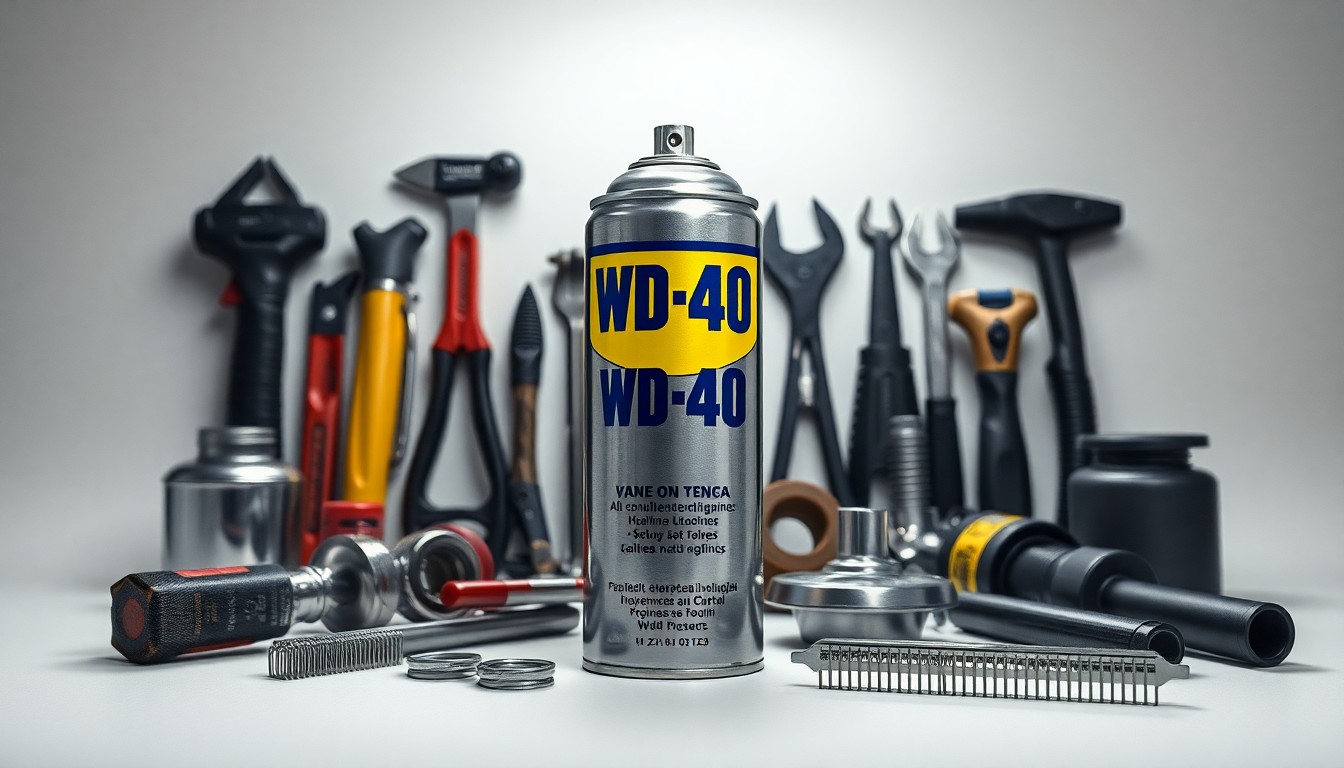 A photorealistic studio still-life image featuring a polished, metallic WD-40 can surrounded by various household tools and objects, symbolizing the brand's versatility and reliability.