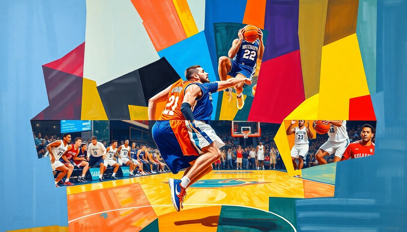 A fragmented, cubist-style painting depicting a college basketball player in motion, with the figure and court broken down into sharp, overlapping geometric shapes and planes in a vibrant color palette.