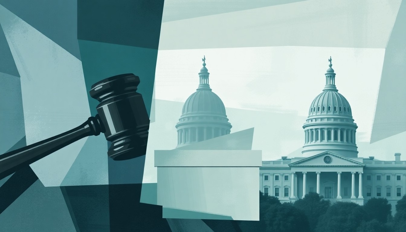 A dynamic, fragmented painting depicting political symbols like a gavel, ballot box, and state capitol building, conveying the complex and contested nature of Medicaid policy changes in Idaho.