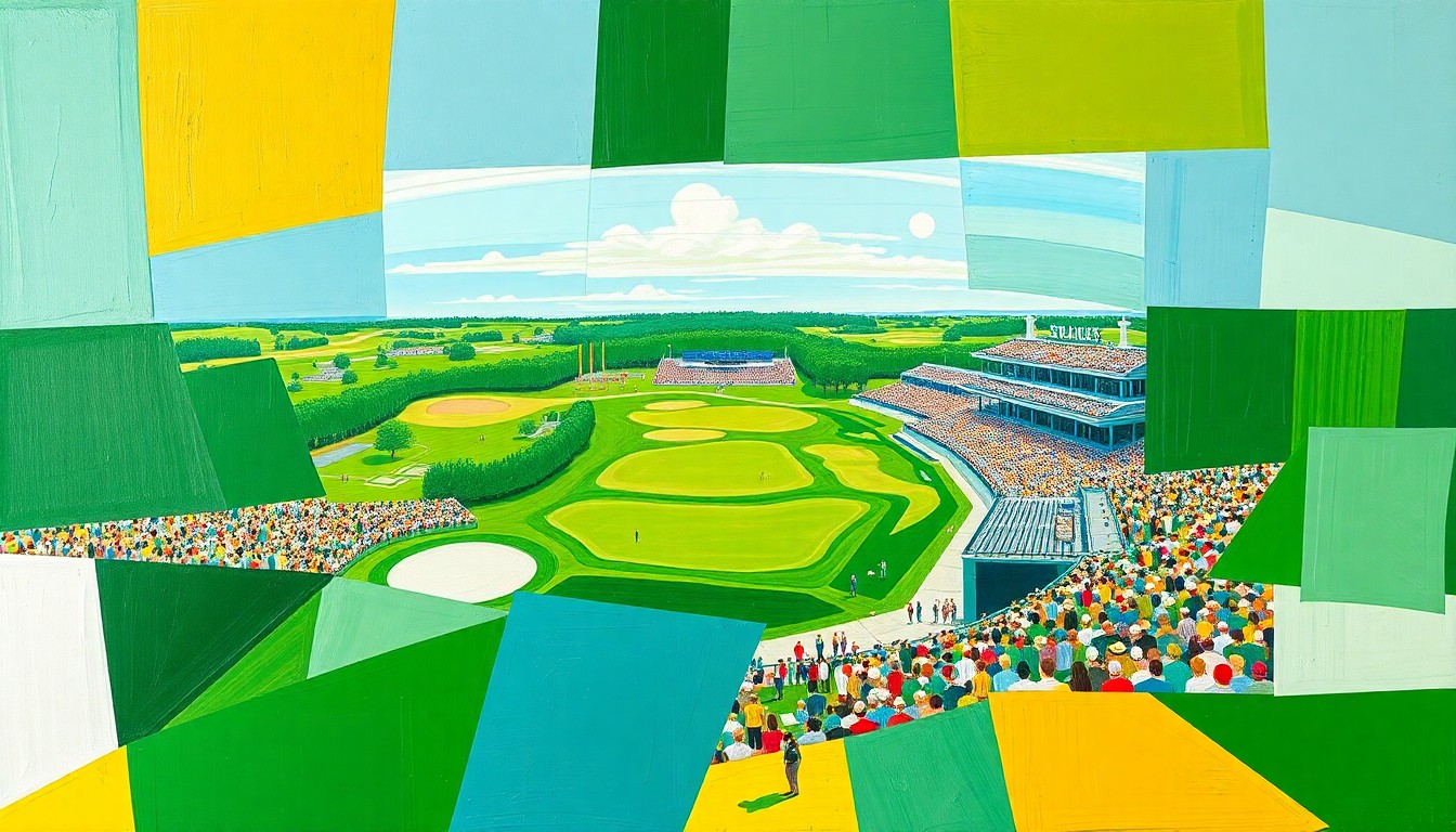 A fractured, cubist-style painting depicting the Aronimink Golf Club course and championship action through sharp, overlapping geometric shapes in vibrant greens, blues, and yellows, conveying the energy and anticipation of the upcoming PGA Championship.