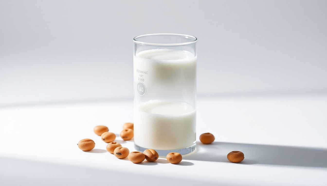 A high-end, photorealistic studio still-life photograph featuring a glass beaker filled with a light, frothy liquid surrounded by a few whole faba beans, conceptually representing the premium, plant-based ingredients used to create the Aquafab cocktail foamer.