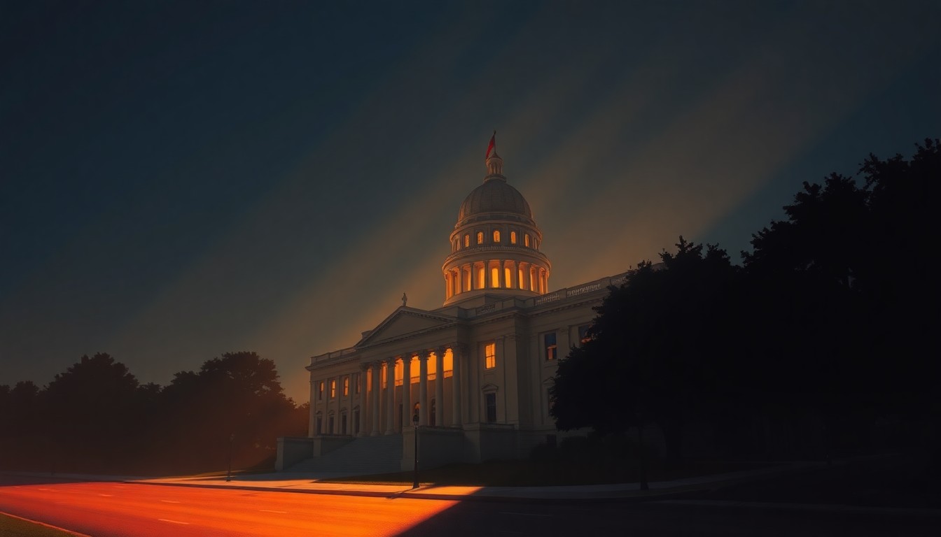 A serene, cinematic painting of the California state capitol building, with the structure bathed in warm, diagonal sunlight and deep shadows, conveying a sense of quiet contemplation and the political complexities surrounding the proposed billionaire tax initiative.