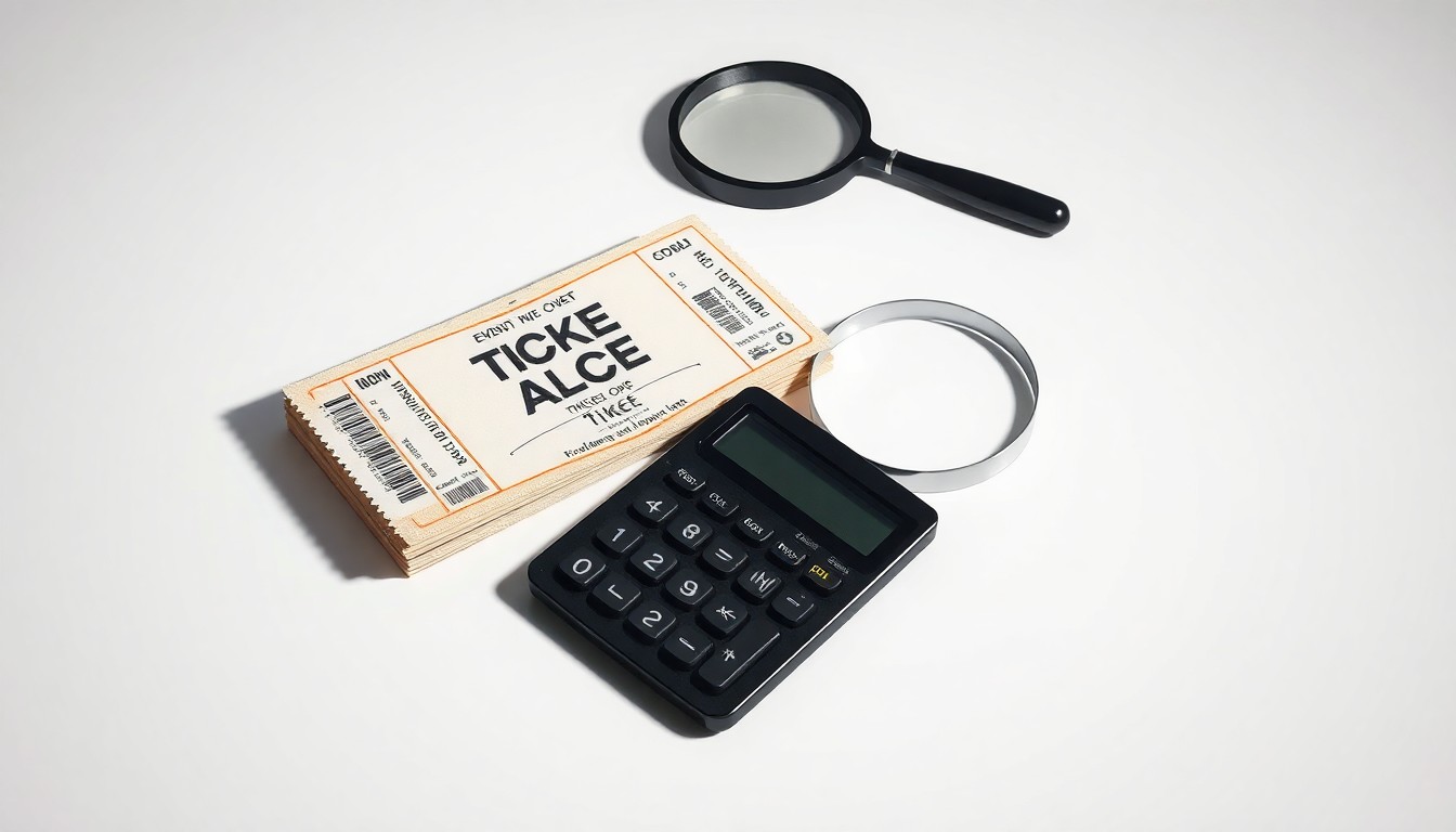 A photorealistic studio still life featuring a stack of event tickets, a calculator, and a magnifying glass arranged on a clean white background, conceptually representing the abstract issues of ticket pricing and consumer protection in the live events industry.