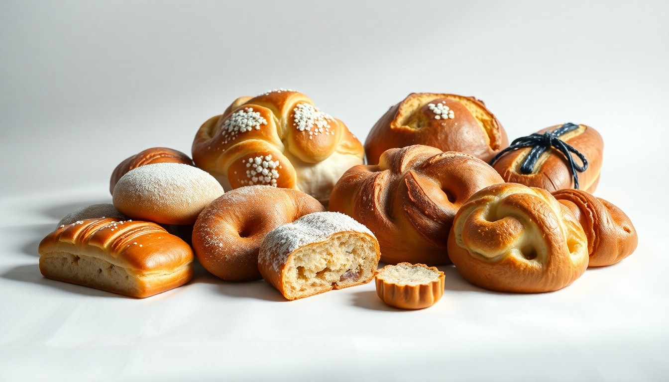 A high-end, photorealistic studio still-life photograph featuring an assortment of freshly baked Norwegian pastries and breads, including krumkake, lefse, and skillingsboller, arranged elegantly on a clean, white seamless background with dramatic studio lighting and deep shadows to highlight the textures and colors of the handcrafted, artisanal baked goods.