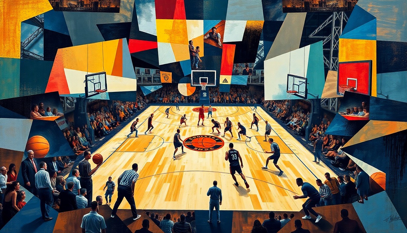 A cubist, geometric painting depicting a fragmented basketball court and players, with sharp, overlapping shapes and forms representing the chaos and intensity of the game.