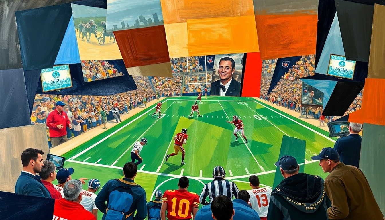 A cubist, geometric painting depicting fragmented elements of a football game or coaching scene, conveying the transient nature of professional sports.