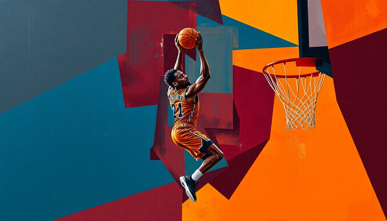 A fragmented, geometric painting depicting the abstract motion of a basketball player driving to the hoop, rendered in a palette of deep burgundy, steel blue, and burnt orange to convey the high stakes and emotional tension of the Sixers' playoff situation.