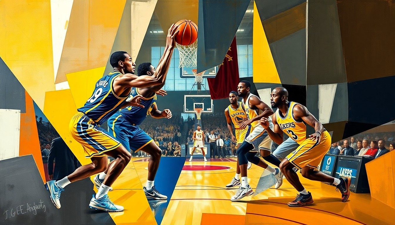 A cubist, geometric painting depicting a fragmented, multi-perspective view of a basketball game, with the players' forms broken down into abstract shapes and planes of color.