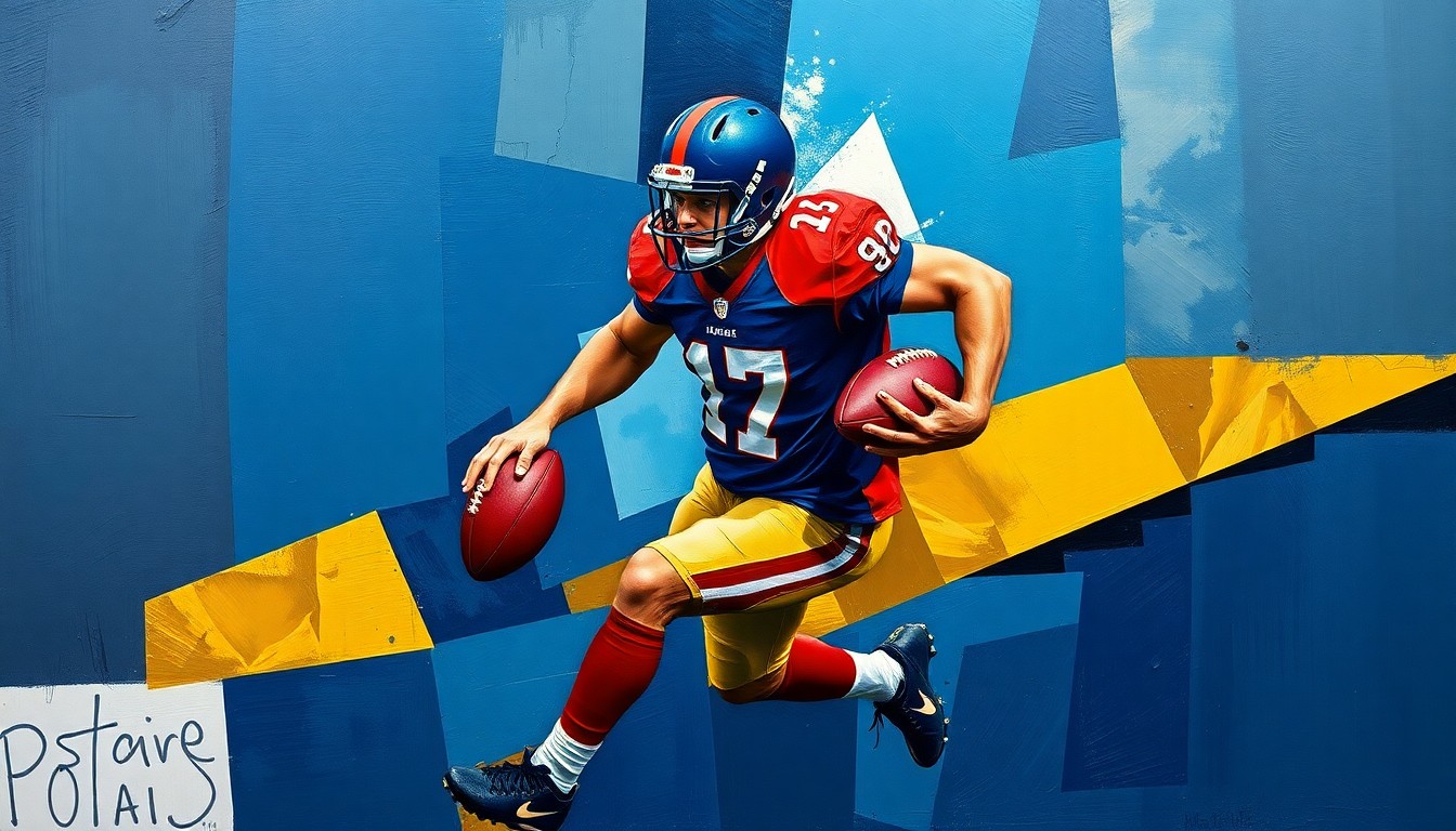 A cubist, geometric painting featuring overlapping planes of navy, gold, and crimson red, conceptually representing the strategic decision-making process of an NFL team during the draft.