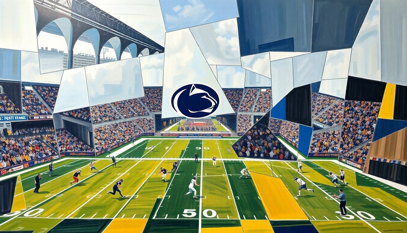 A cubist, geometric painting depicting fragmented, overlapping shapes and planes representing a Penn State football game or practice, conceptually illustrating the competitive energy and diverse talent on the team.