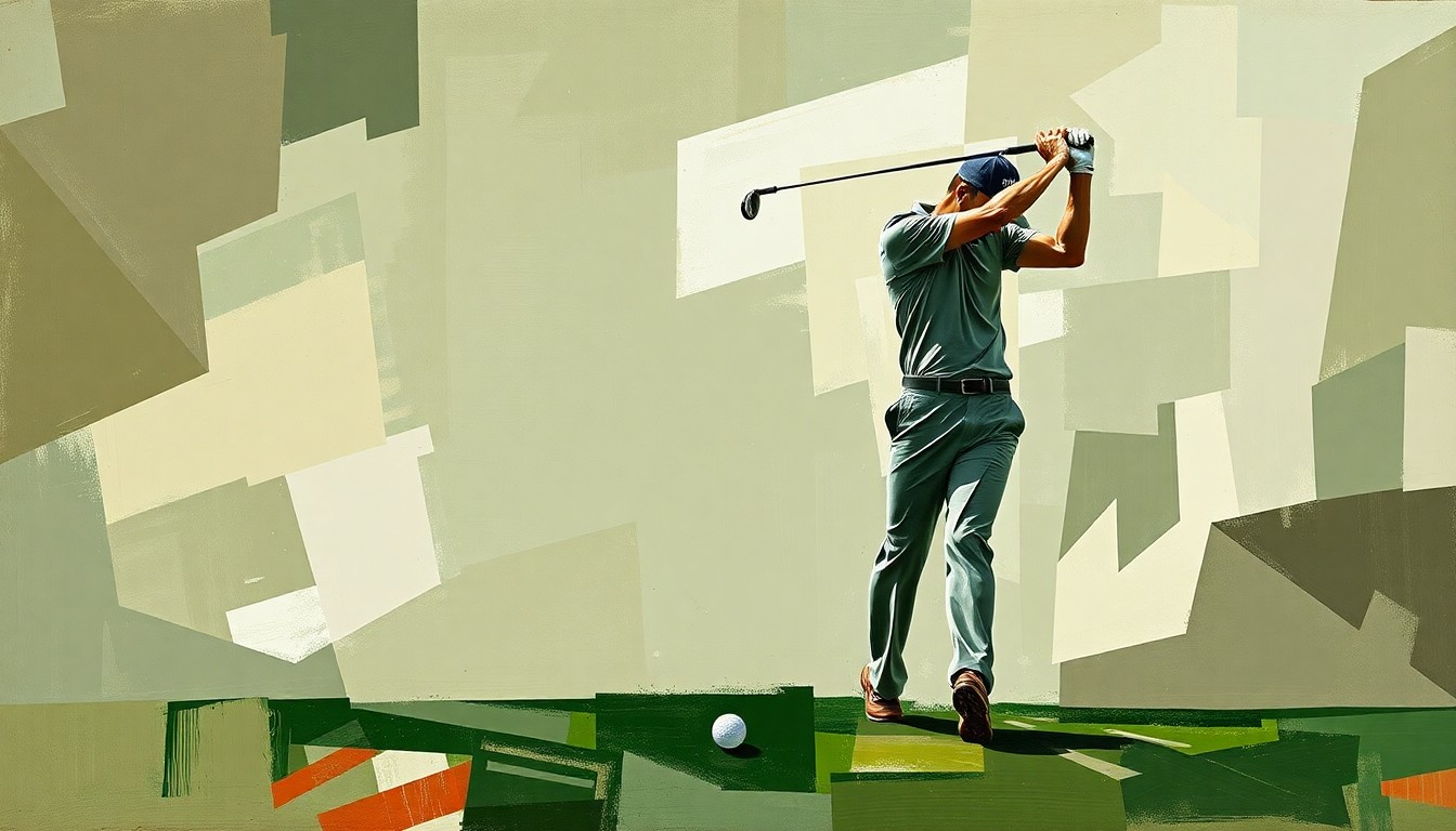 A fractured, cubist-style painting depicting a golfer's swing broken down into sharp, overlapping geometric shapes in muted earth tones, conceptually representing the challenges of recapturing past success.
