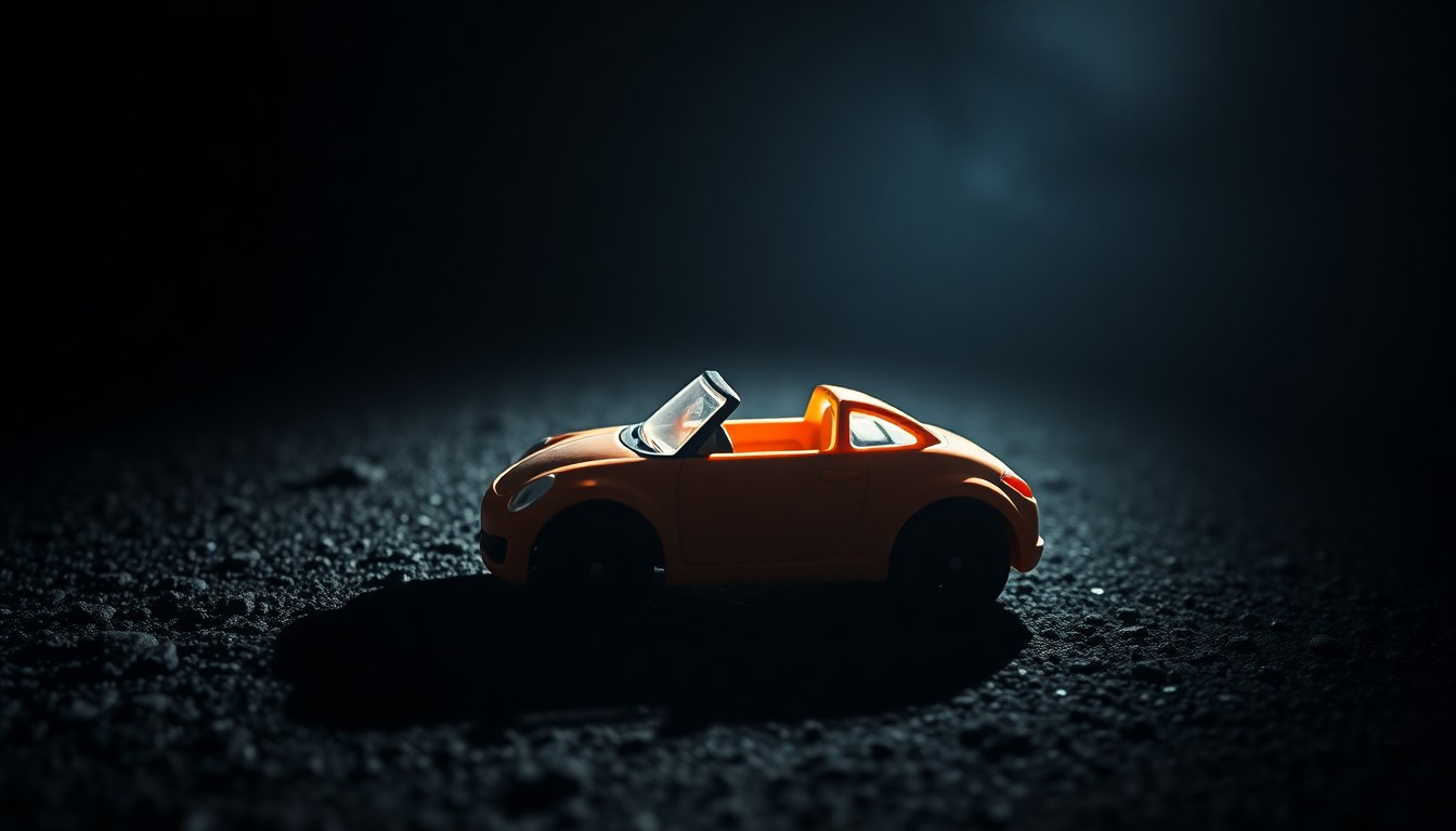 An extreme close-up photograph of a small toy car on a dark asphalt surface, the harsh lighting and dramatic shadows creating a gritty, investigative aesthetic that conceptually represents the seriousness of child neglect and the vulnerability of young lives.