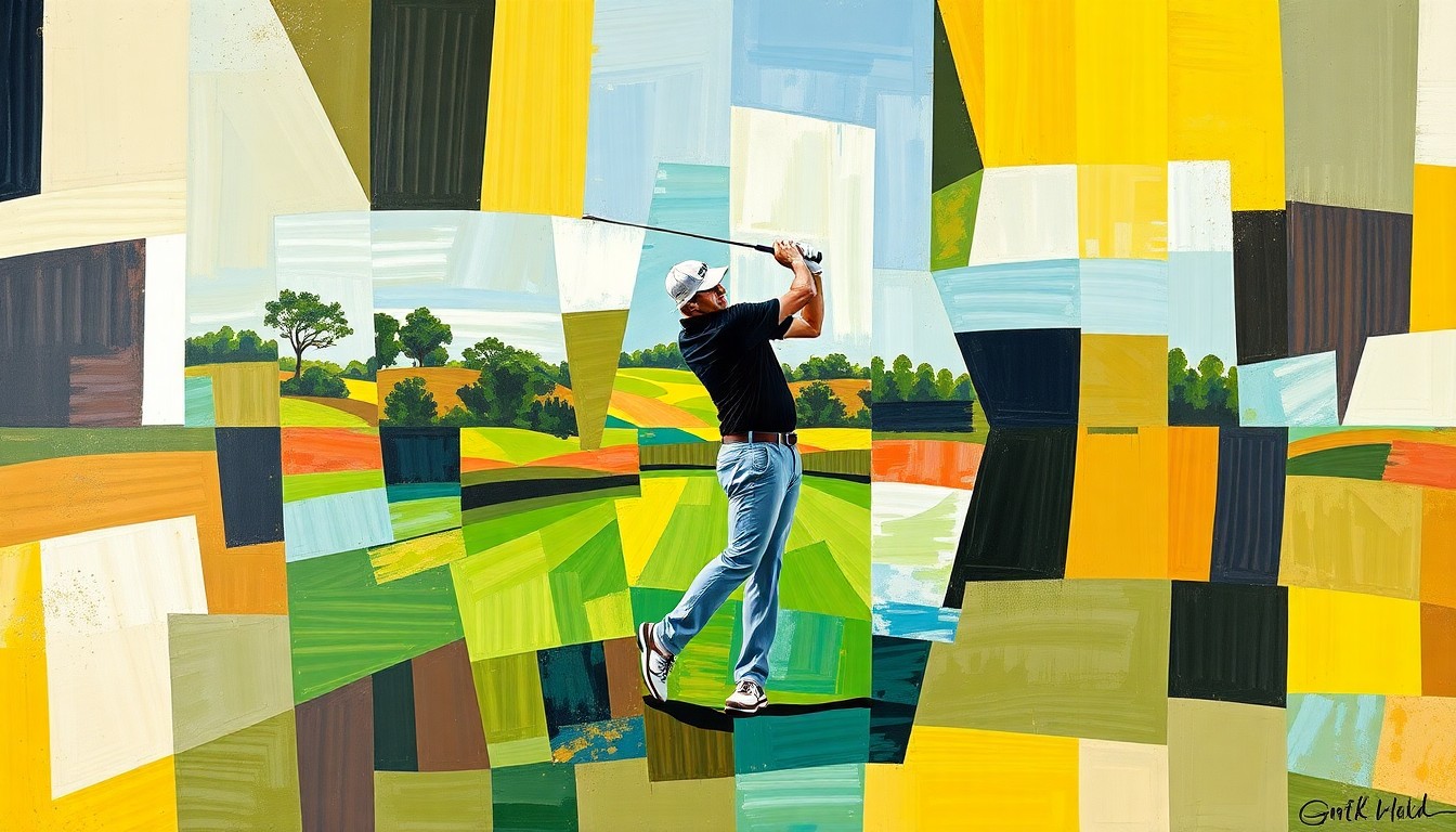A cubist, geometric painting depicting the fragmented motion of a golfer's swing, conveying the mental and physical challenges of competing at the highest level.