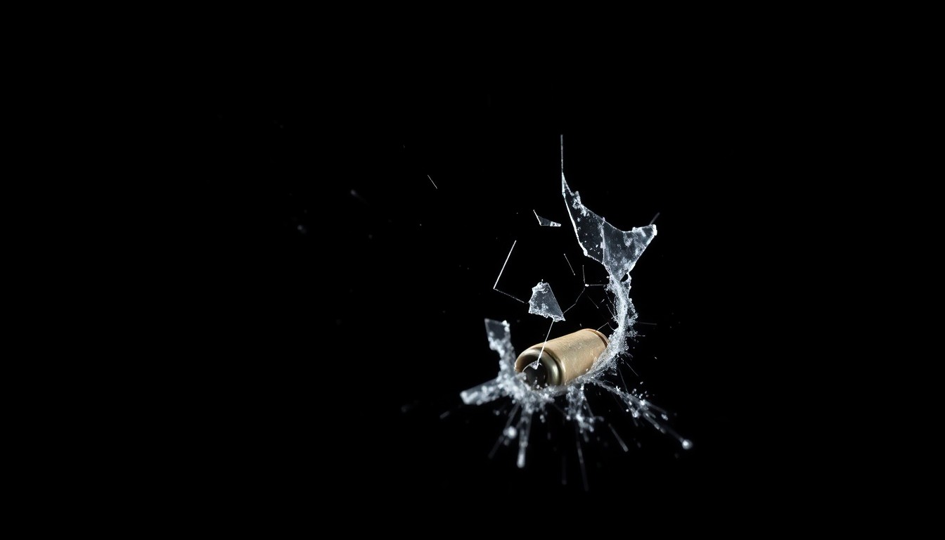 An extreme close-up photograph of a shattered car window or bullet casing against a pitch-black background, lit by a harsh, direct camera flash, conceptually representing the violence and investigation of a gang-related shooting.