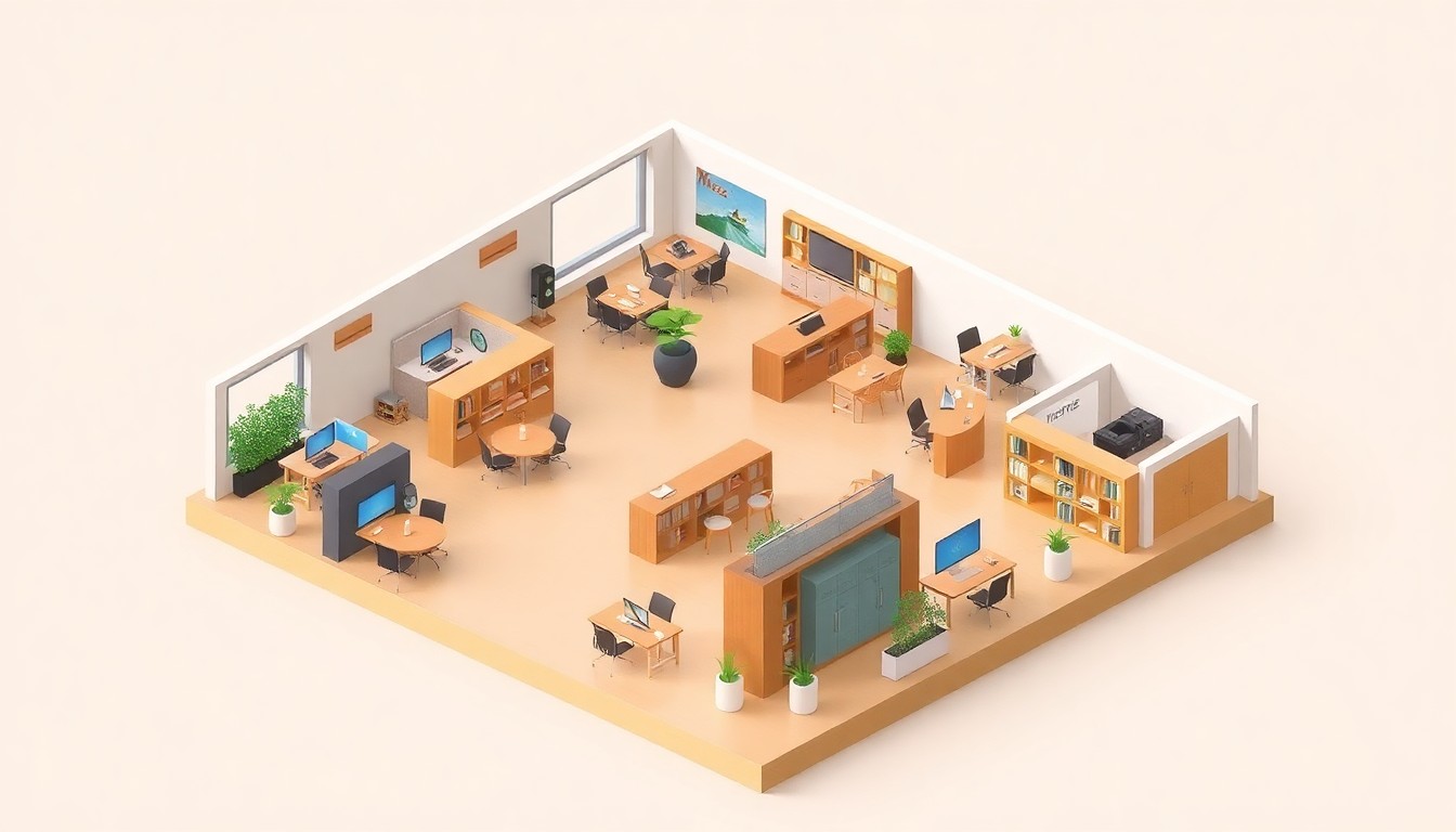 A clean, modern isometric 3D illustration depicting the interior of a coworking space with various workstations, conference rooms, and collaborative areas, conceptually representing the new The Mezz space at Michigan Central Station.
