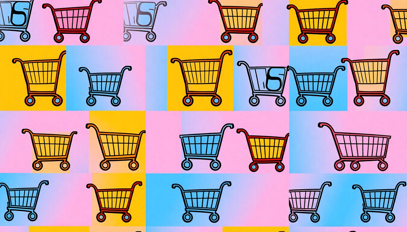 A vibrant, high-contrast silkscreen illustration of a Goodwill shopping cart icon repeated in a grid, using a bold neon color palette and heavy black outlines to capture the energy and excitement of a thrift store grand opening.