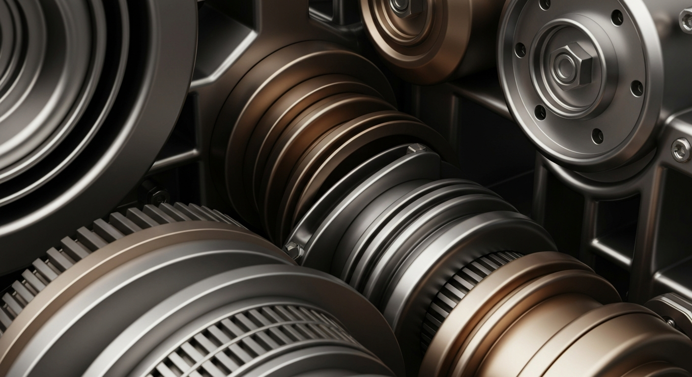 An extreme close-up of intricate, metallic banking machinery and components, conveying a sense of institutional financial security and stored wealth without using literal currency or charts.