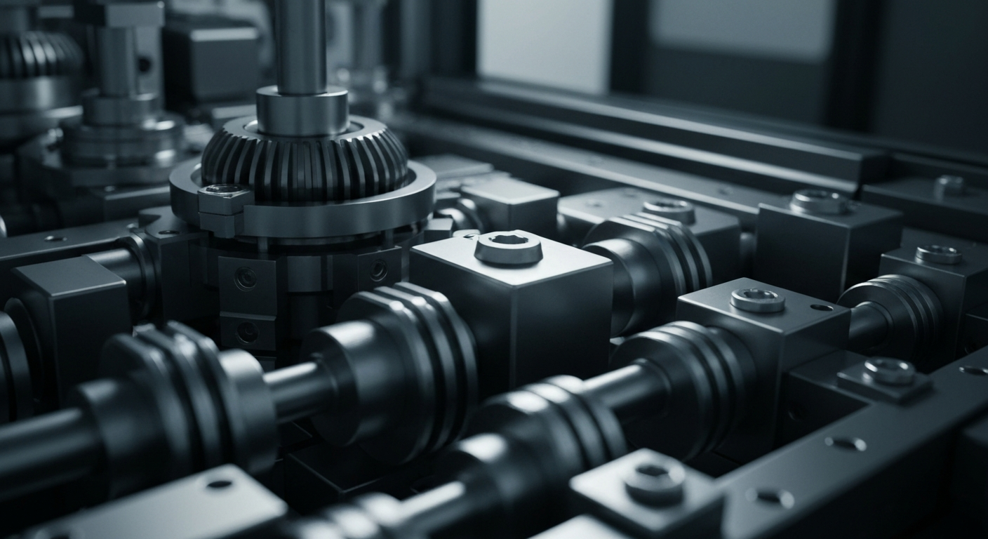 An extreme close-up of the complex, metallic components and gears of a semiconductor manufacturing machine, conveying the advanced industrial technology behind Lam Research's products.