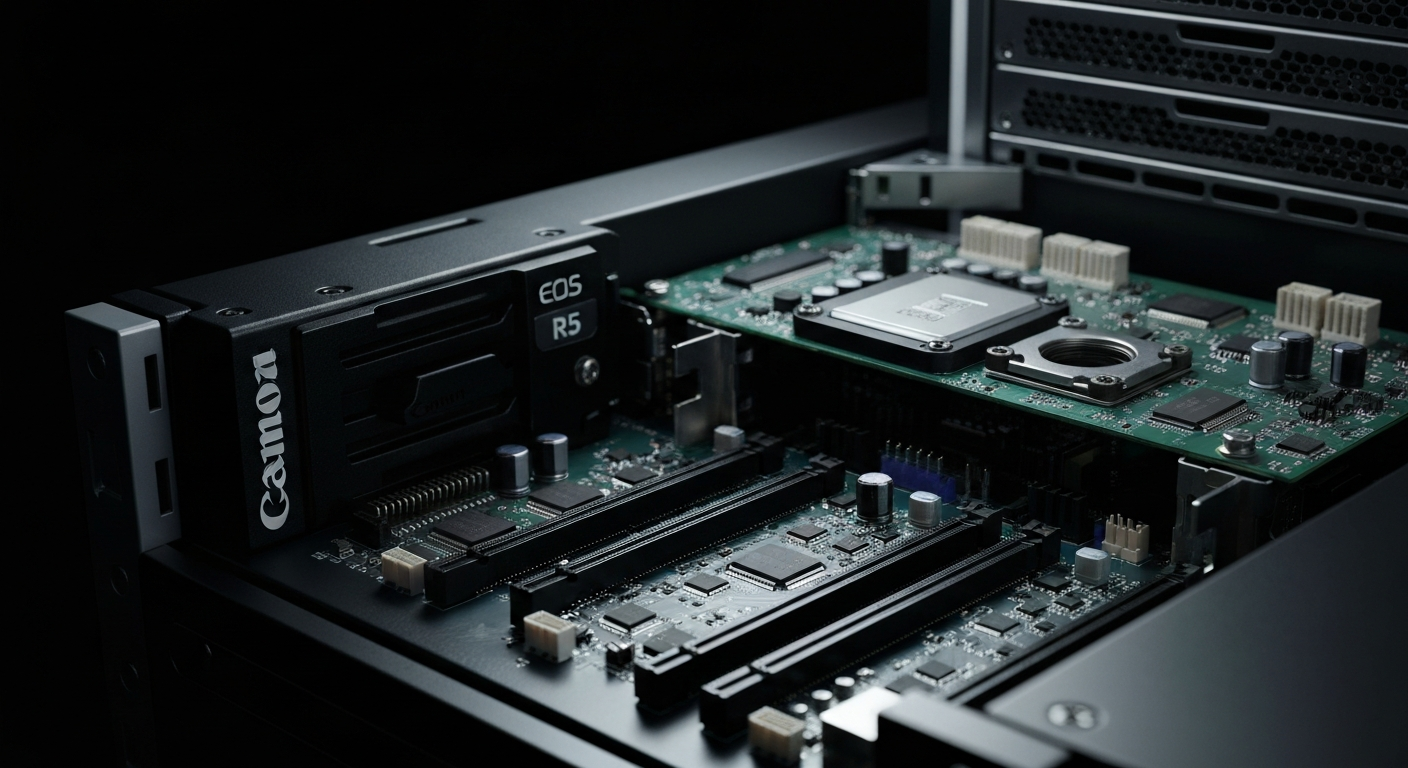 An extreme close-up of intricate, metallic IBM server components and circuit boards, dramatically lit against a dark background, conceptually representing the volatility and uncertainty facing the tech giant.