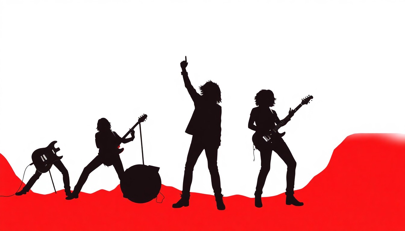 A striking, minimalist illustration featuring abstract black silhouettes of guitars, drums, and rock band members set against a bold red and white background, conceptually representing the student-led Rock Da O Concert.