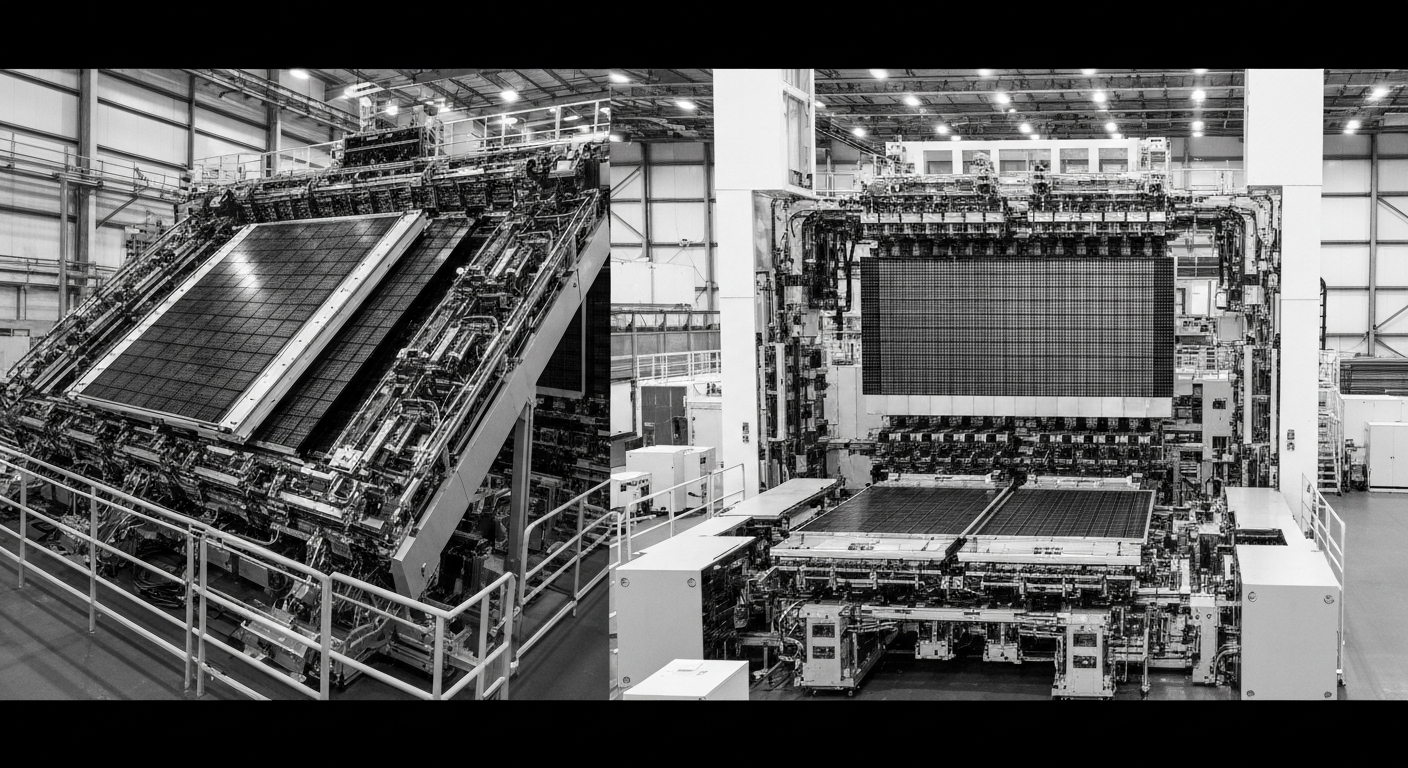 An extreme close-up of complex, industrial-scale semiconductor manufacturing equipment and machinery, representing the heavy, physical infrastructure that underpins Intel's business.