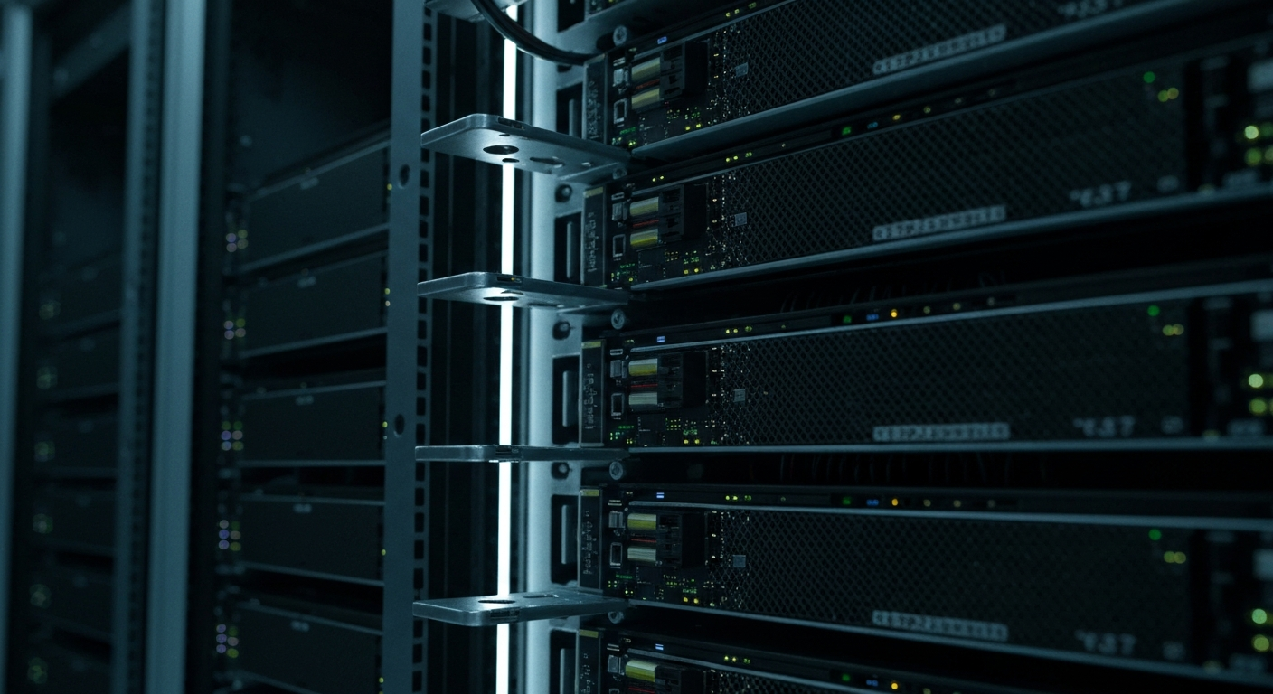 An extreme close-up of the intricate metal components and blinking lights of a Netflix server rack, conveying the technical complexity of the company's content delivery infrastructure.