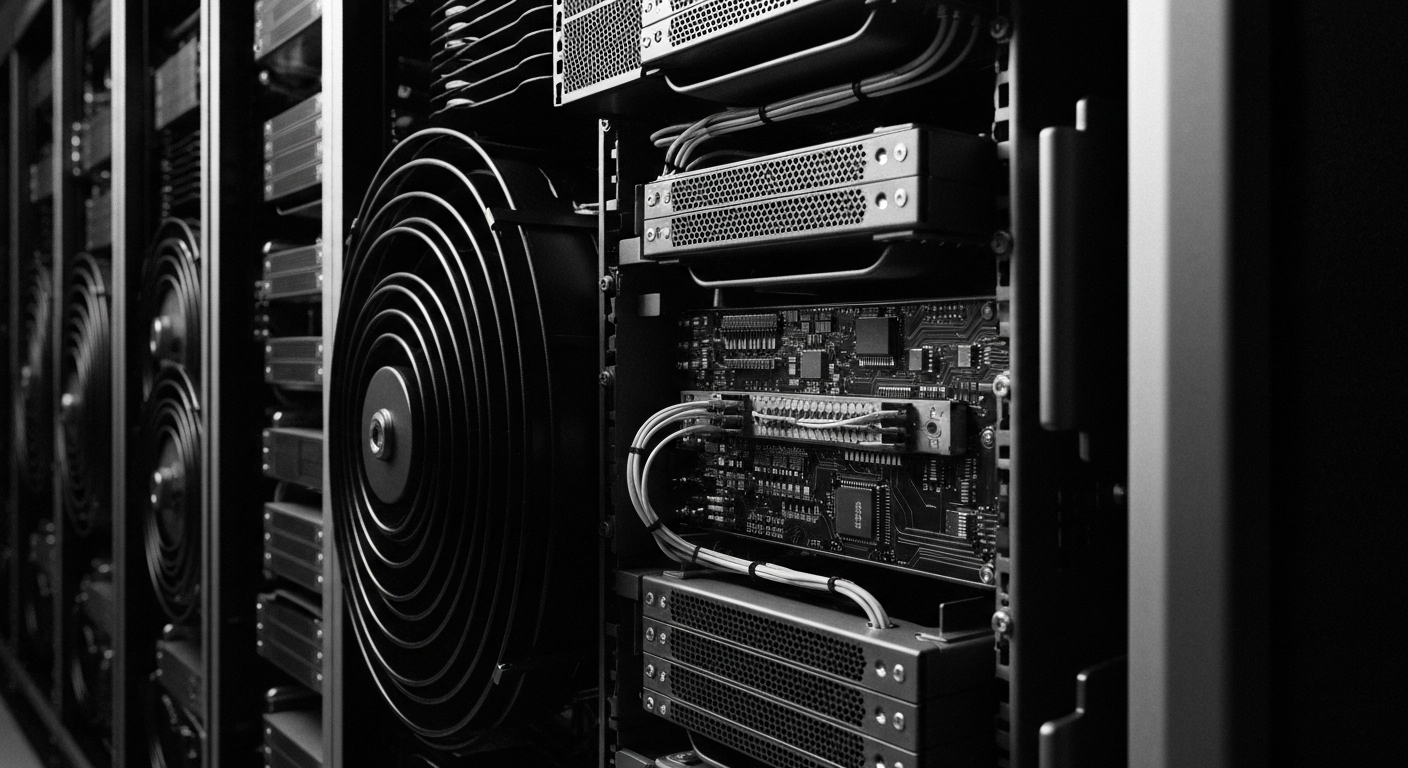 A close-up, high-contrast black and white image of the intricate mechanical and electronic components that make up the interior of a powerful data center server rack, representing the advanced semiconductor technology that enables modern cloud computing and networking.