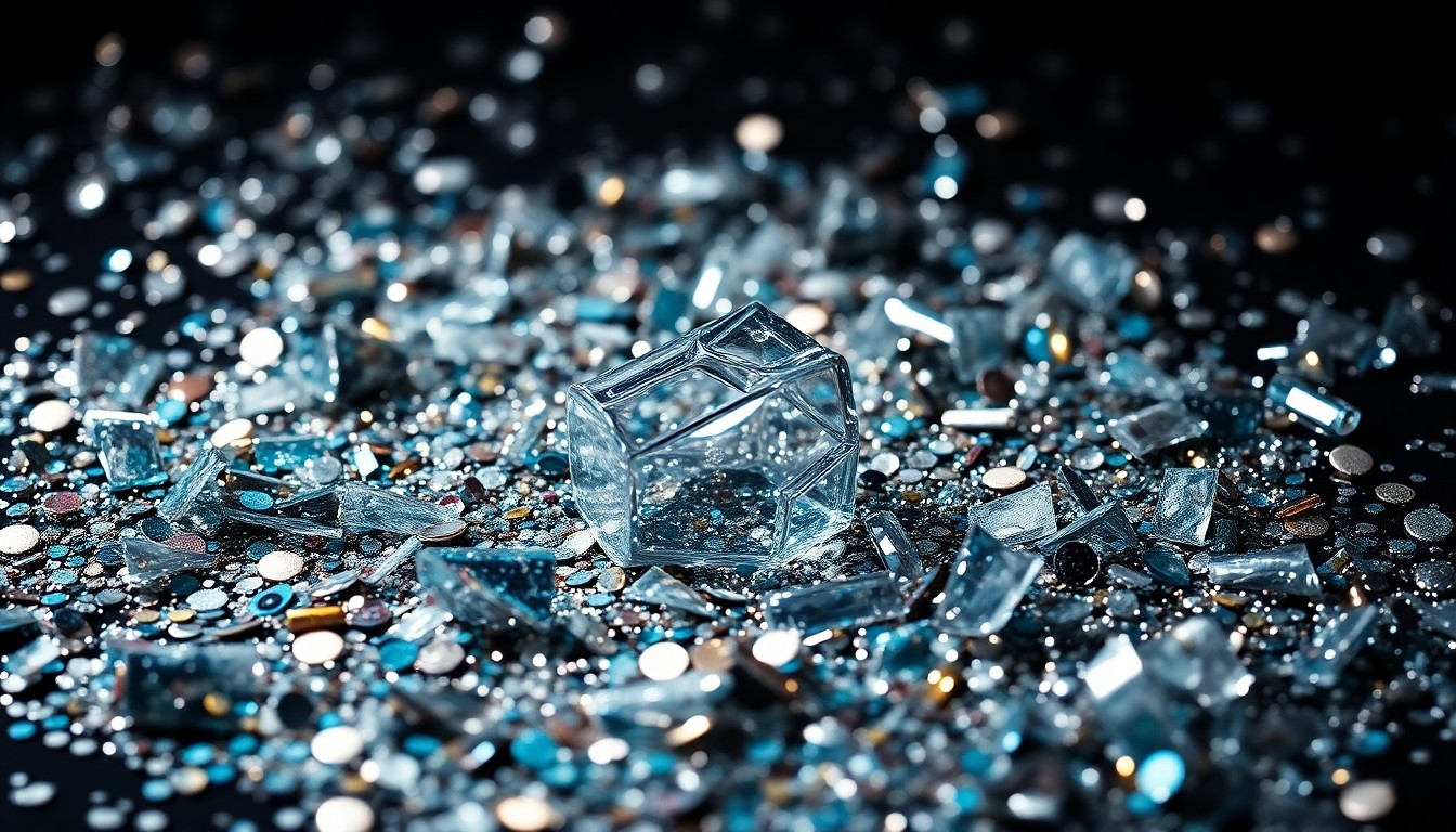 An extreme close-up of shimmering sequins and shattered glass, captured in dramatic high-contrast lighting to create a glamorous, high-fashion aesthetic that evokes the energy and excitement of a music festival.