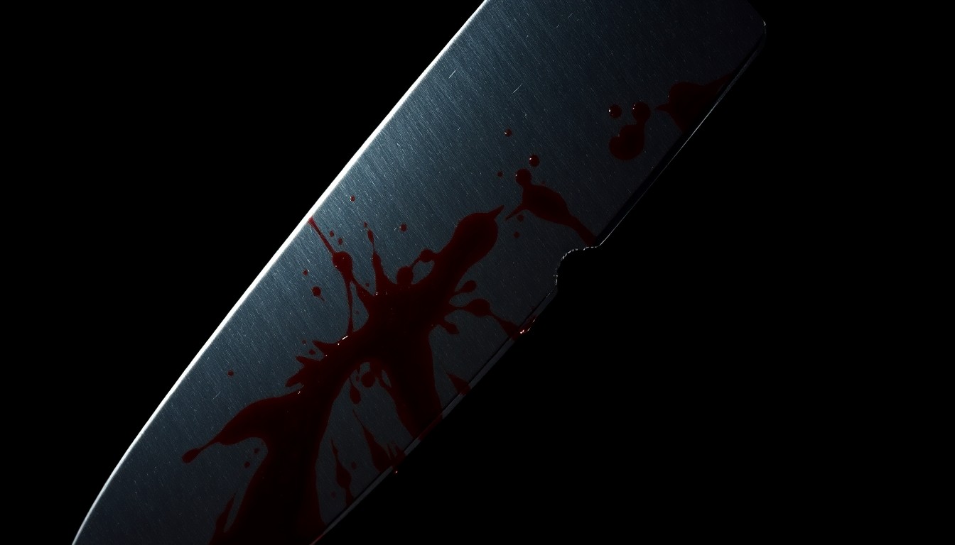 An extreme close-up of a bloodied knife blade against a pitch-black background, lit by a harsh, direct camera flash, conceptually representing the violent nature of the alleged crime.