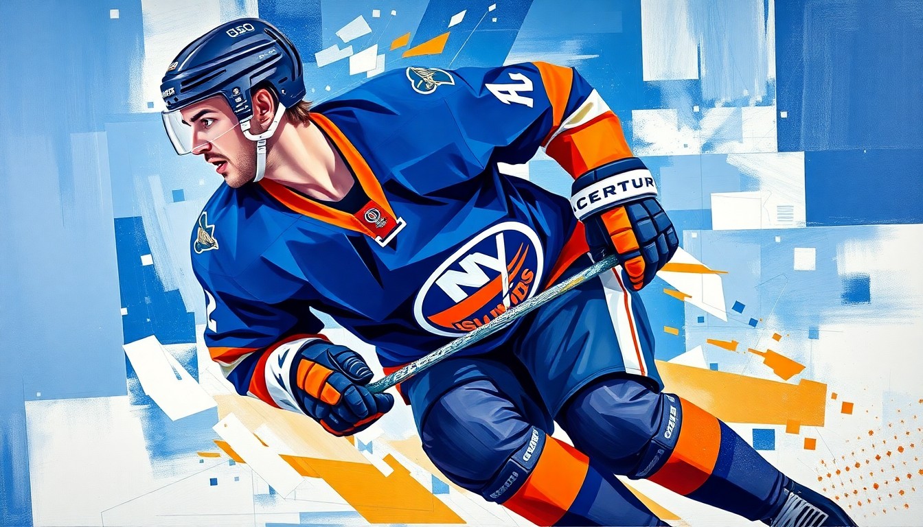 A cubist, geometric painting depicting a hockey player in motion, with sharp, overlapping planes of blue and orange representing the Islanders' team colors and the fractured, multi-perspective style conceptually illustrating the high-stakes situation facing the team.