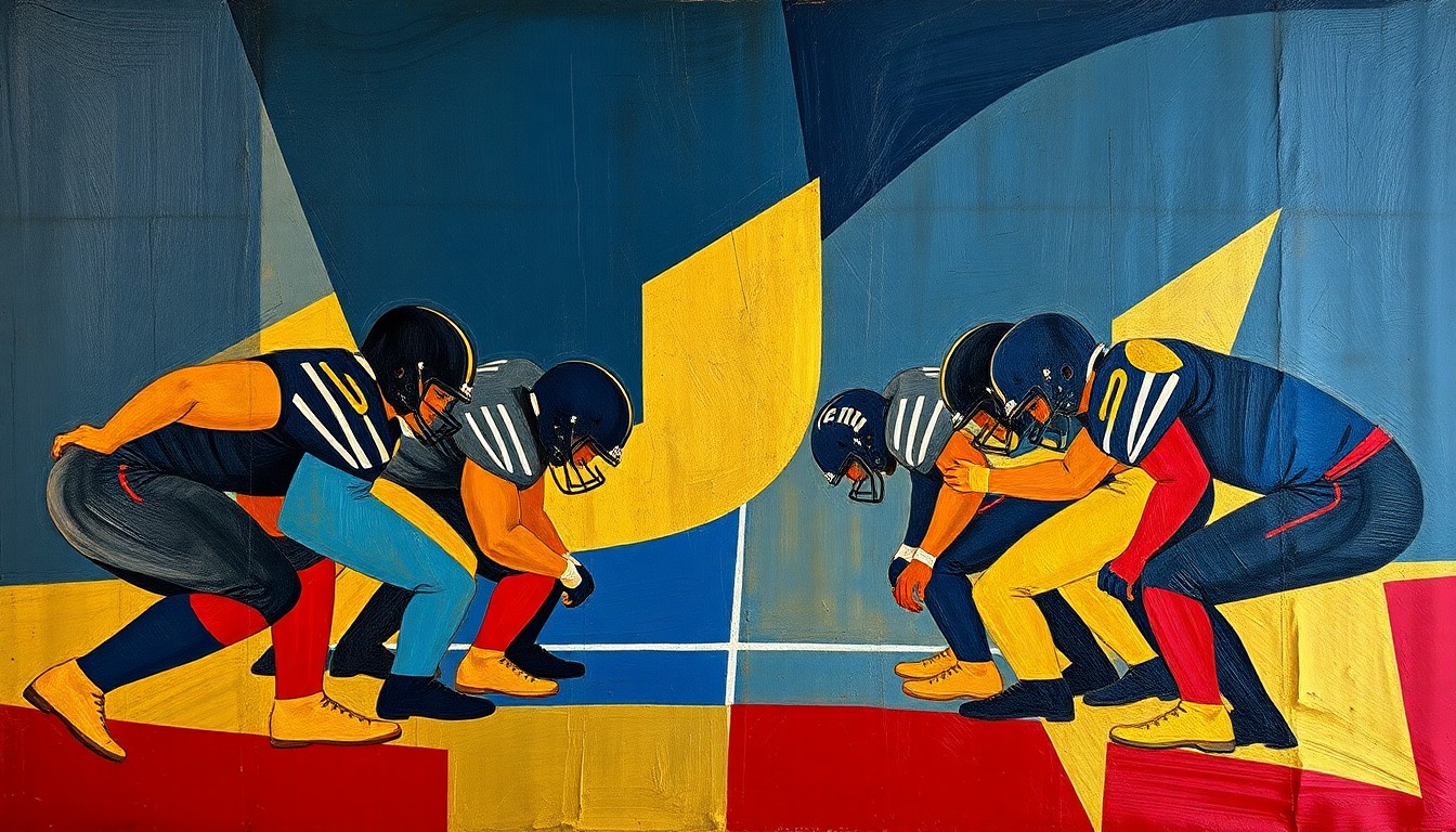 A cubist, geometric painting depicting an abstract interpretation of an offensive line formation, with sharp, overlapping shapes in navy, gold, and crimson red conveying the intensity and strategy of the unit.