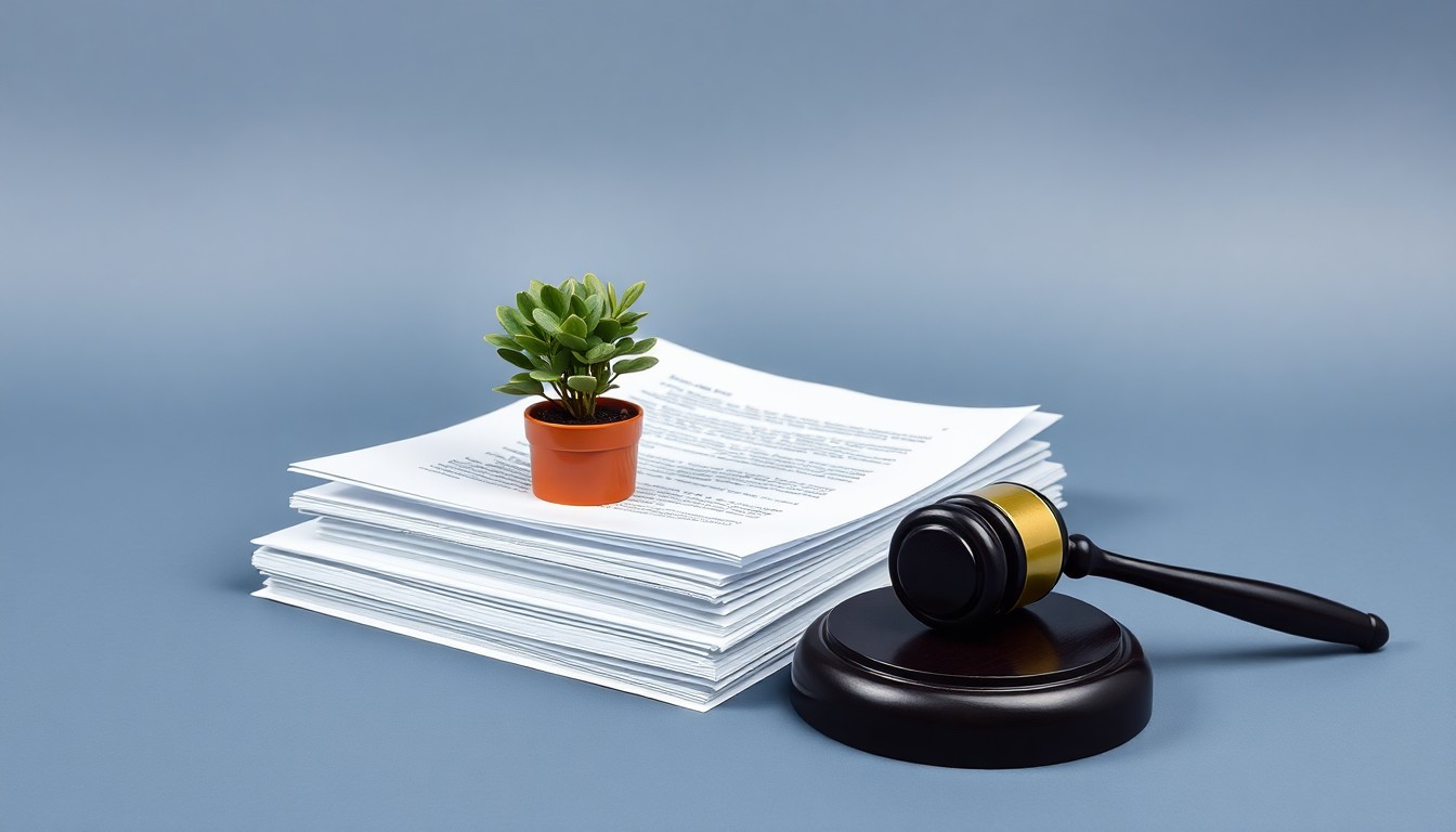 A photorealistic studio still life featuring a stack of legal documents, a wooden gavel, and a small potted plant arranged elegantly on a clean, monochromatic background, conceptually representing the abstract corporate strategy and legal battles surrounding environmental liability in the Vanderbilt Minerals bankruptcy.