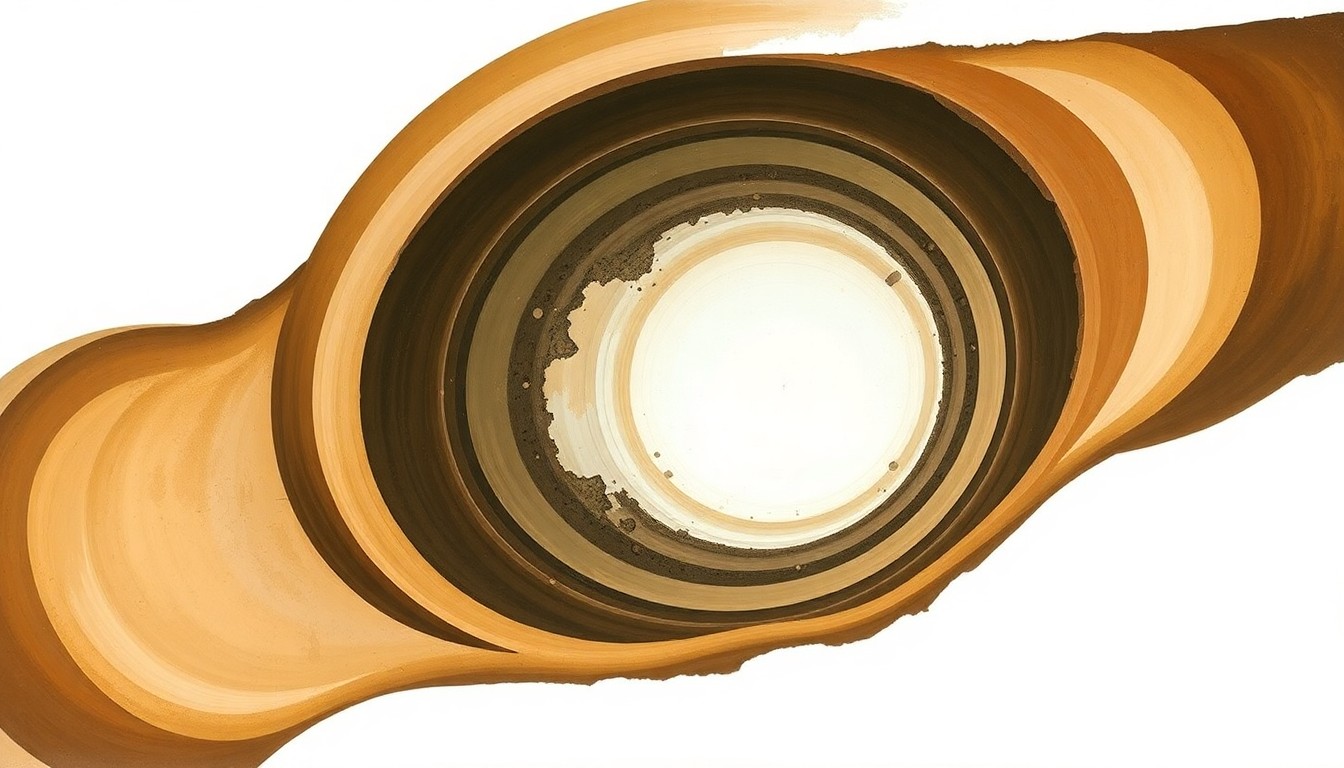 A highly textured, abstract painting in muted earth tones depicting a complex web of intersecting geometric shapes and organic patterns, conceptually representing the complex geological forces and underground infrastructure challenges contributing to Omaha's sinkhole-prone landscape.