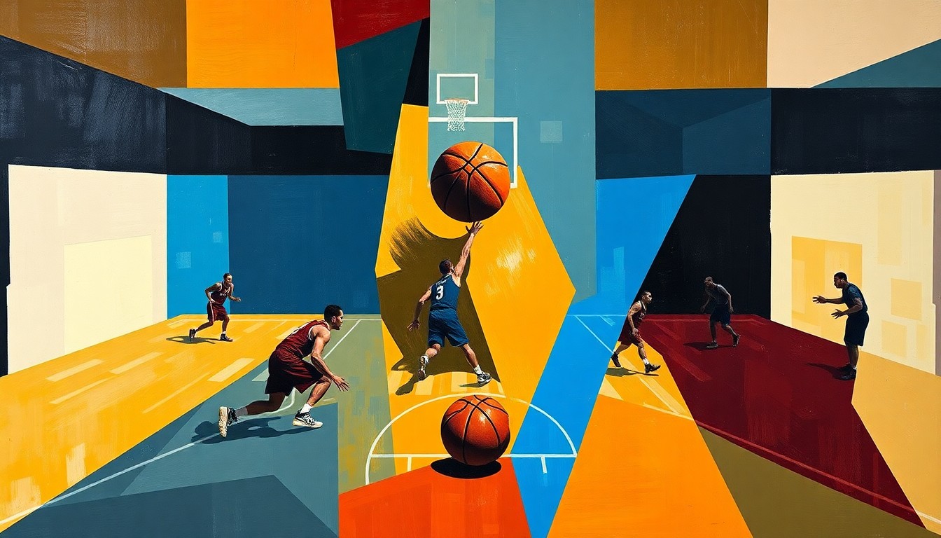A fractured, cubist-style painting depicting a basketball game, with the court, players, and ball broken down into sharp, overlapping geometric shapes and planes of color, creating an abstract, deconstructed visual representation of the game.