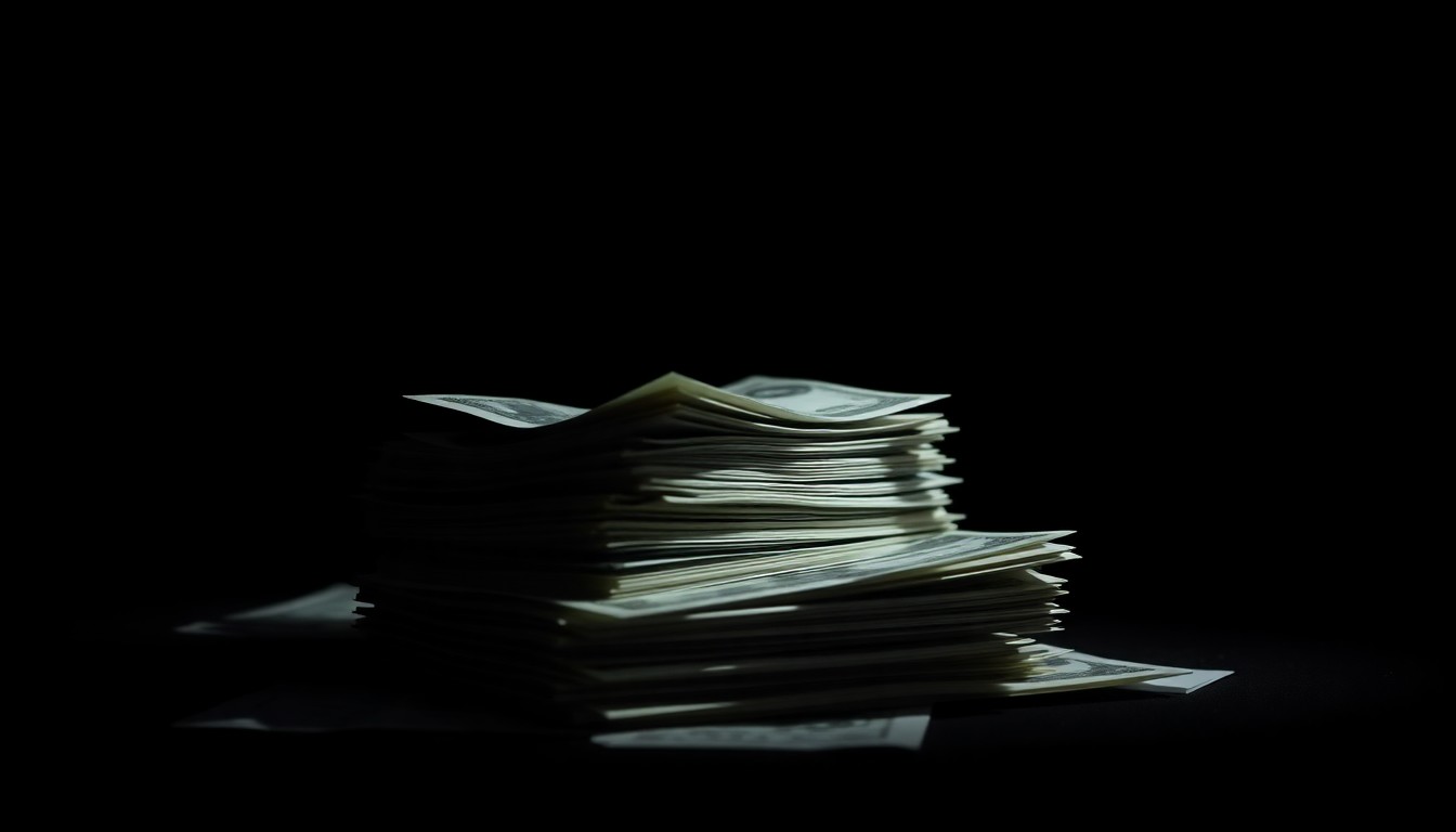 An extreme close-up photograph of a stack of cash and financial documents lit by a harsh, direct camera flash, creating a stark, gritty, investigative aesthetic.
