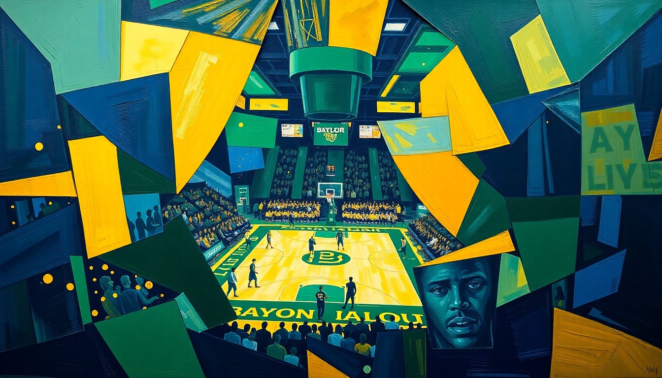 A fragmented, geometric painting depicting a Baylor basketball player in motion, their form broken down into sharp, overlapping planes of color, conceptually representing the program's need to reconstruct its roster and playing style.