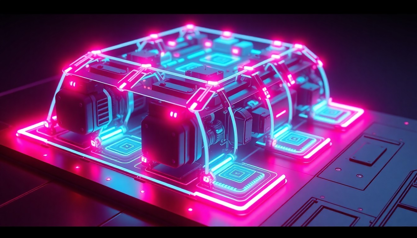 A highly detailed, glowing 3D illustration of a futuristic autonomous vehicle sensor array, with neon cyan and magenta lights illuminating the intricate cybernetic hardware. The sensor components are arranged in a geometric, modular pattern, hinting at the advanced perception capabilities that enable the vehicle to detect road hazards.
