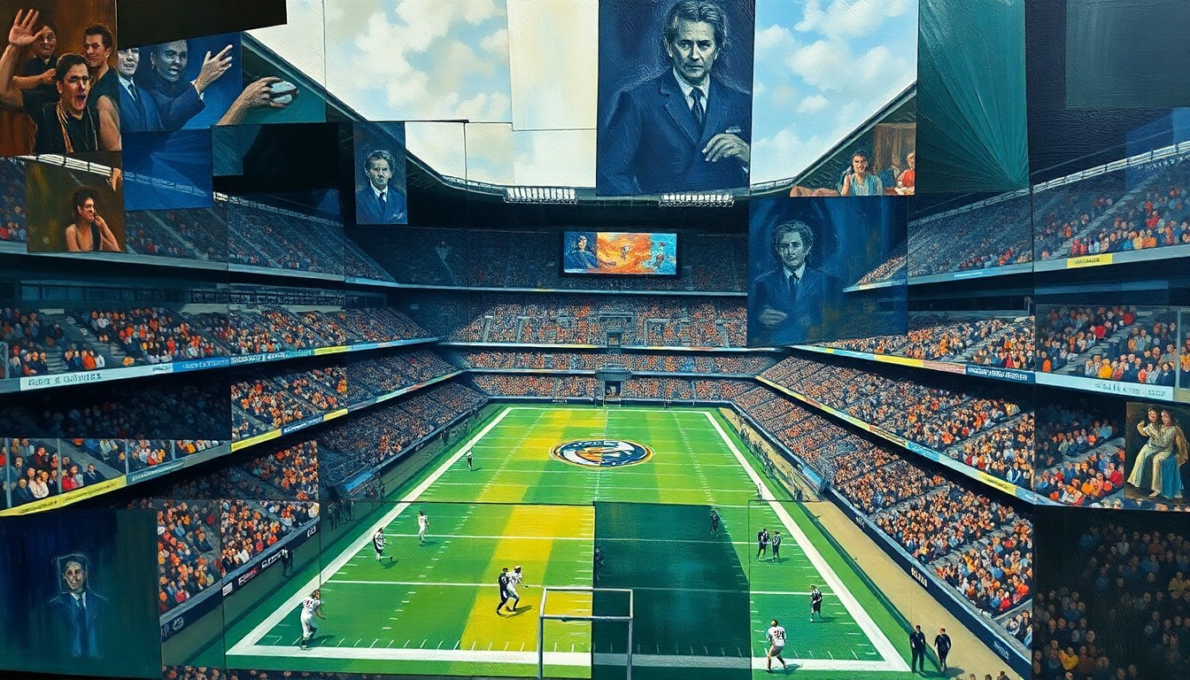 A cubist, geometric painting depicting the fragmented, multi-angled view of a football stadium, players, and fans, conceptually representing the disruption and transformation of the Chiefs' relocation to Kansas.