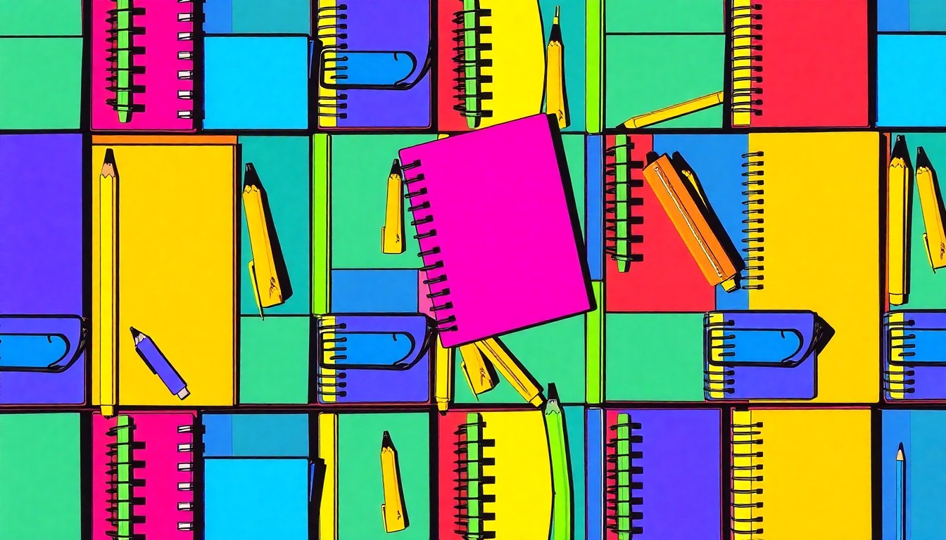 A brightly colored, high-contrast silkscreen-style illustration featuring a repeating grid of a single iconic school supply item such as a pencil or notebook, rendered in a bold, neon color palette with heavy black outlines, conceptually representing the push for more equitable public school funding in Illinois.