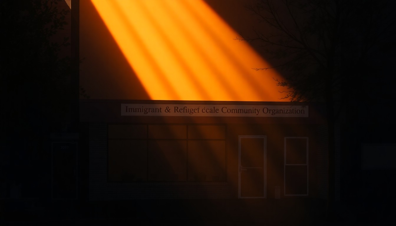 A warm, nostalgic painting of a two-story brick building with large windows, set against a backdrop of trees and a cloudy sky, capturing the quiet dignity of the Immigrant and Refugee Community Organization in Portland.