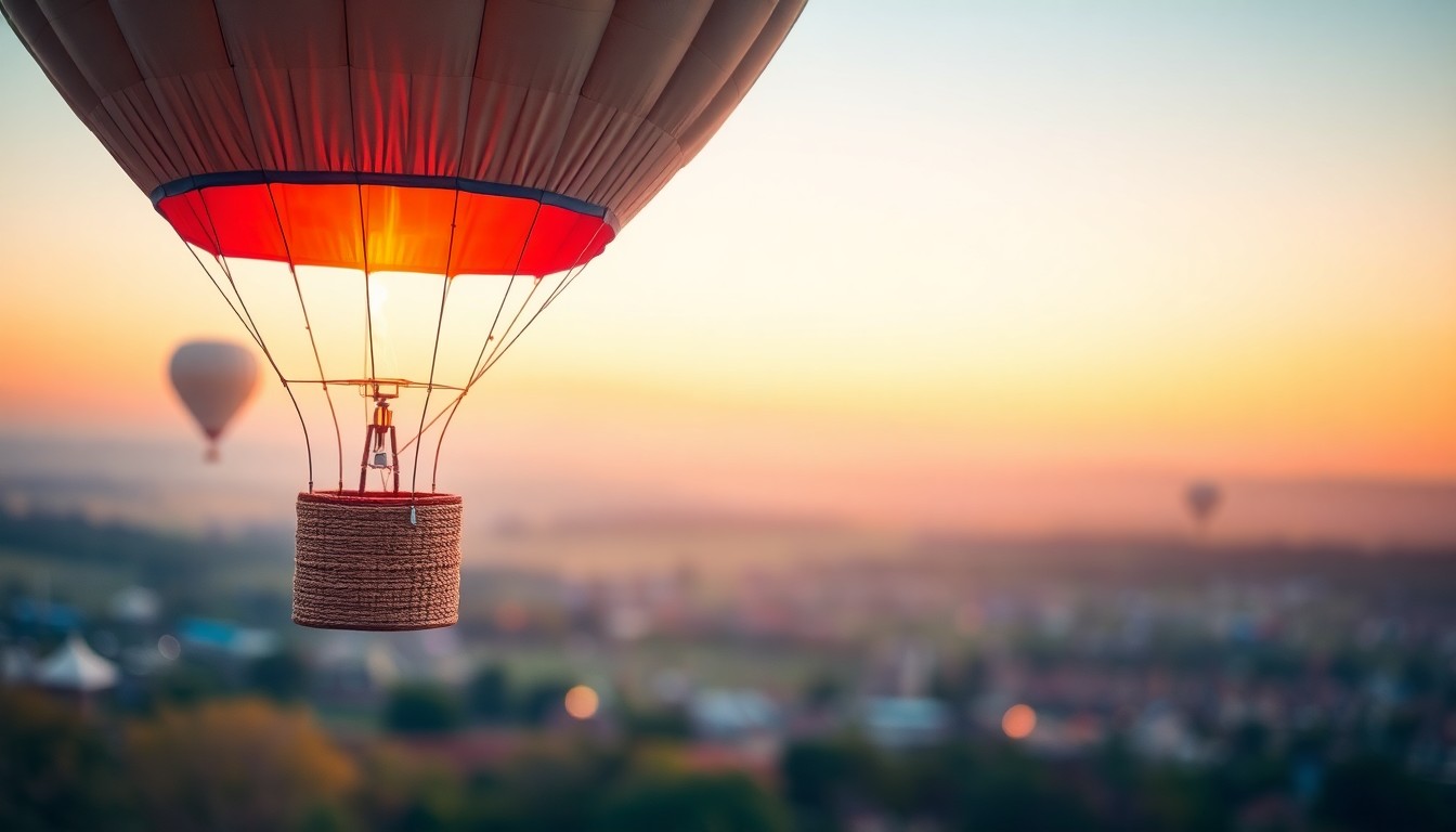 An abstract, impressionistic photograph of a hot air balloon drifting above a hazy, colorful landscape, capturing the whimsical and festive spirit of a summer event.