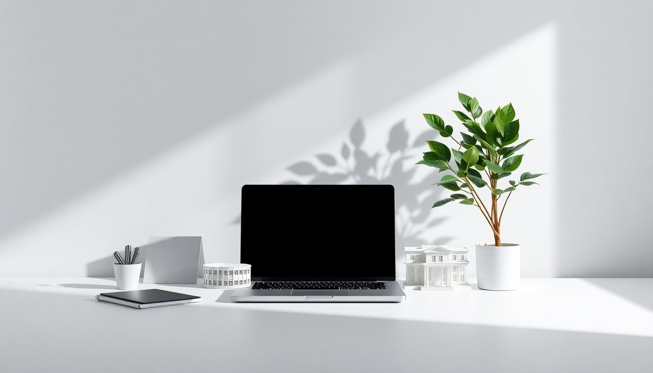 A photorealistic studio still-life photograph featuring a sleek, modern desk setup with a laptop, a stylized architectural model, and a potted plant, arranged elegantly on a clean, monochromatic background to represent the abstract concepts of corporate strategy, innovation, and growth.