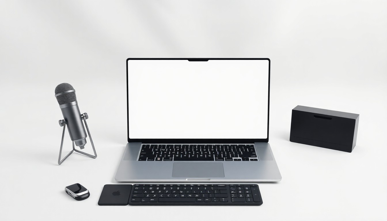 A high-end, photorealistic studio still-life photograph featuring a sleek laptop, stylized microphone, and minimalist desk organizer, representing the tools of modern marketing and communications.