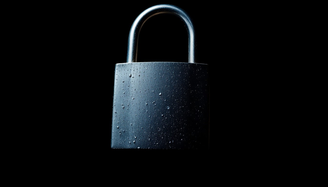 An extreme close-up photograph of a padlock against a pitch-black background, lit by a harsh, direct camera flash, conceptually representing the financial crimes and breach of trust at the heart of this story.