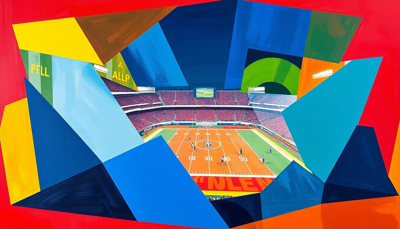 A fragmented, cubist-style painting depicting a football game in progress, with the players and field broken down into sharp, overlapping geometric shapes in the team's official colors.