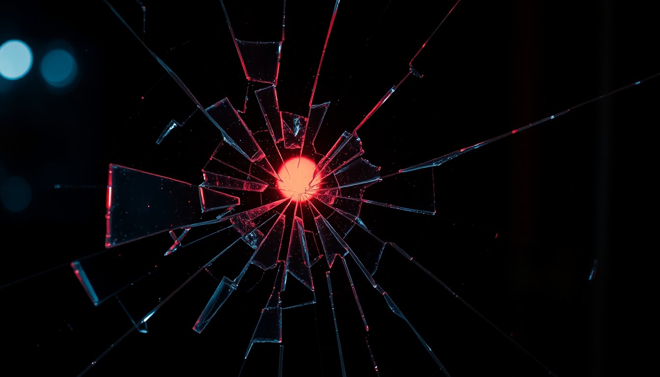 An extreme close-up photograph of a shattered window glass shard reflecting a faint red light, conceptually representing the aftermath of a violent crime incident.